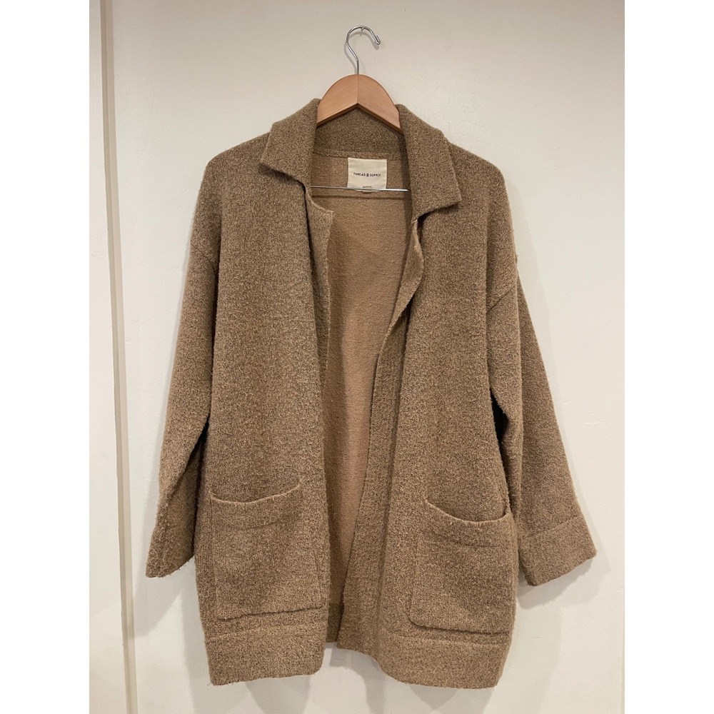 Thread Supply Women Camel Textured Knit Open Front Cardigan Sweater Size S